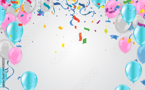 Colorful balloons pink and blue with triangular party flags, confetti and paper streamers Place for your text. Design