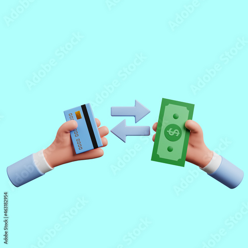 3d illustration of payment concept icon hand holding money and credit card