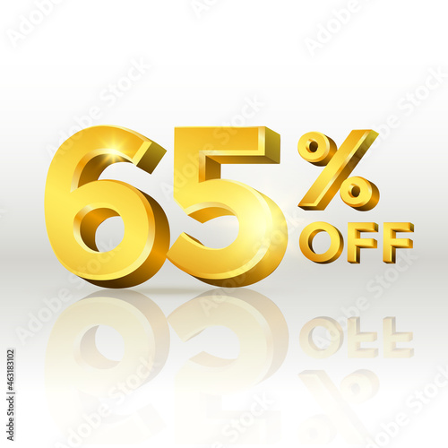 65 percent off glossy gold text vector in 3d style isolated on white background with reflection for marketing design