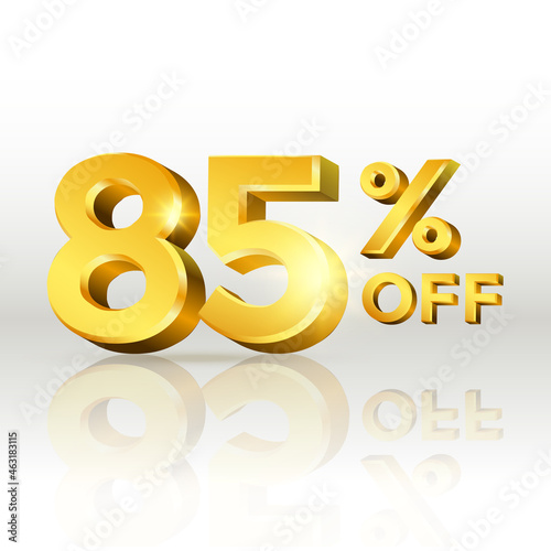 85 percent off glossy gold text vector in 3d style isolated on white background with reflection for marketing design