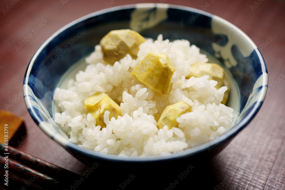茶碗に盛りつけられた栗ご飯 茶碗に盛りつけられた栗ご飯