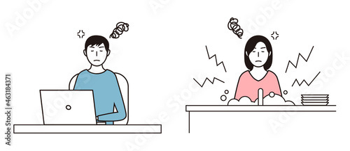 不機嫌にリモートワークする男性と不機嫌に皿を洗う女性