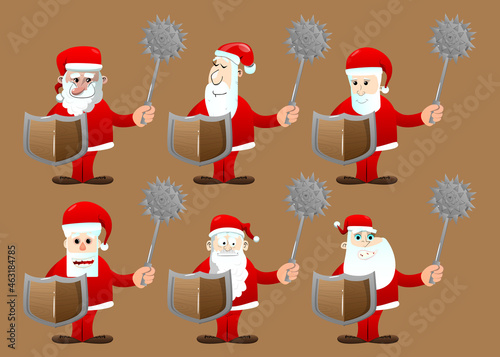 Santa Claus in his red clothes with white beard holding a spiked mace and shield. Vector cartoon character illustration.