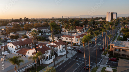 Sunset aerial view of the urban core of downtown Santa Ana, California, USA.