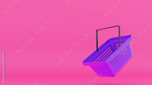 3D render. A blue plastic supermarket basket with a black handle on the right on a pink background.