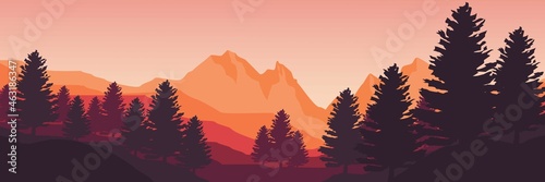 sunset mountain with pine tree forest silhouette vector illustration good for wallpaper, background, backdrop, web banner, tourism design, and design template © fahr_zal