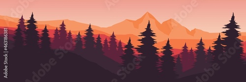 sunset mountain with pine tree forest silhouette vector illustration good for wallpaper, background, backdrop, web banner, tourism design, and design template