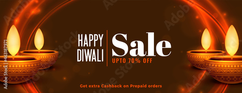 happy diwali sale banner with glowing diya and lights design