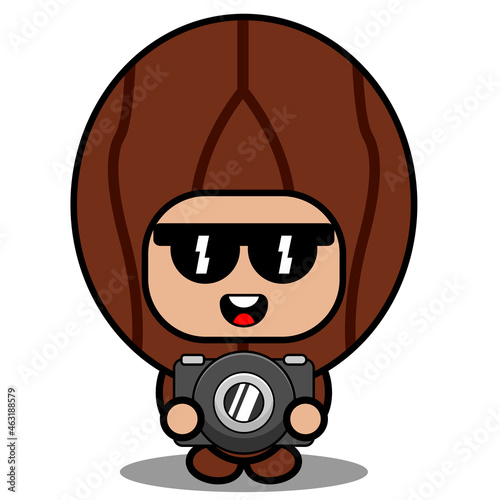 cartoon vector illustration of cute nutmeg spice mascot costume character holding camera