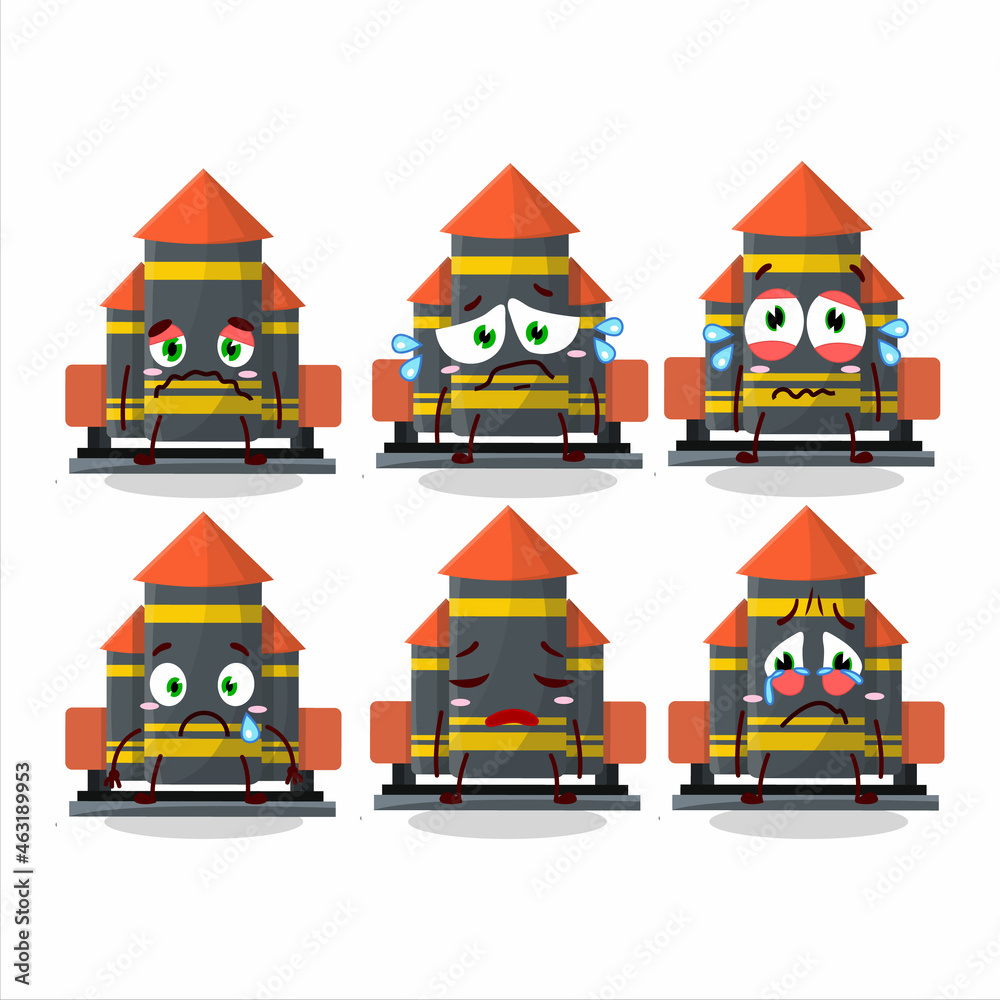 Firework rocket launcher cartoon character with sad expression