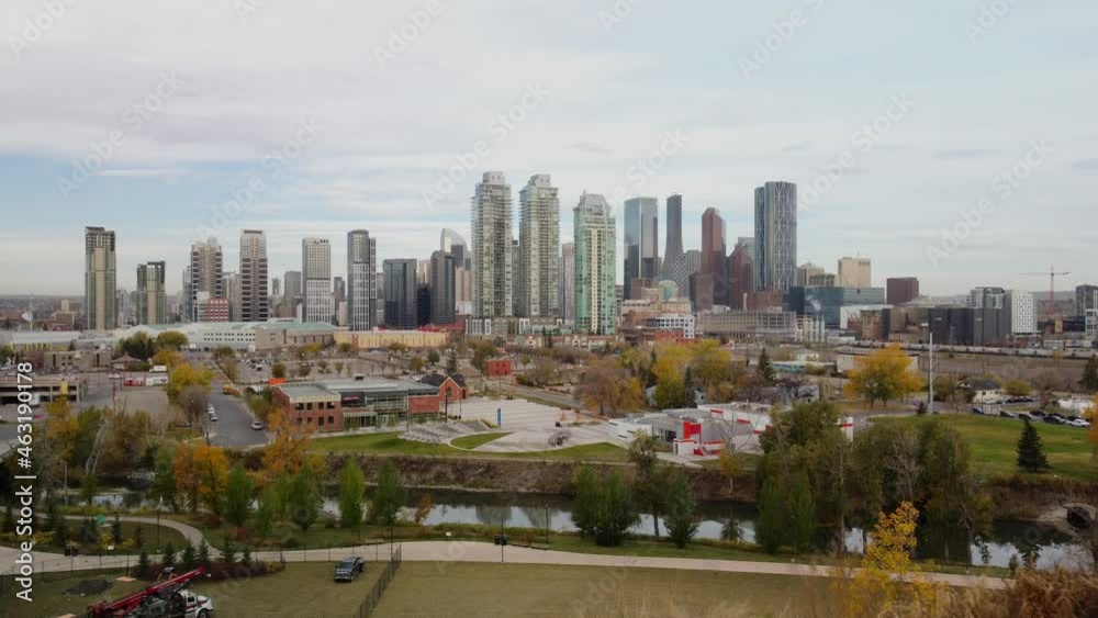 Calgary Alberta Canada, October 5 2021: Aerial shot of Canadian downtown center in fall colours Calgary Alberta Canada, October 5 2021: Aerial shot of Canadian downtown center in fall colours