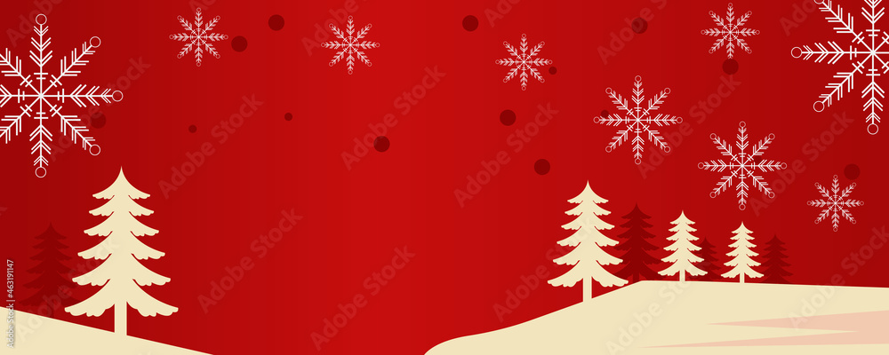 Christmas background design of pine tree and snowflake with snow falling in the winter vector illustration with red and gold color Christmas background design of pine tree and snowflake with snow falling in the winter vector illustration with red and gold color