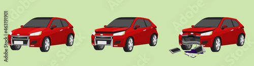 Cartoon vector or illustration. Status of the red car from normal car To the car was slightly damaged. until the car was severely damaged Damage the entire front.