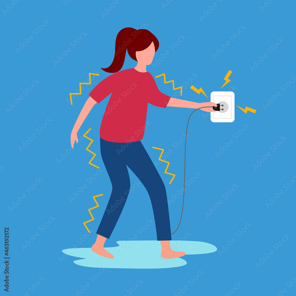 Electric shock risk concept vector illustration. Woman standing on wet