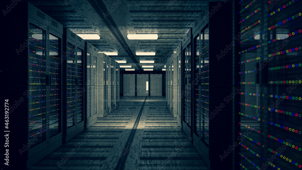 Server room data center. Backup, mining, hosting, mainframe, farm and computer rack with storage information. 3d render Server room data center. Backup, mining, hosting, mainframe, farm and computer rack with storage information. 3d render