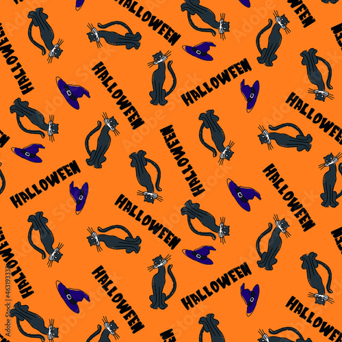 Seamless pattern of cats  Halloween inscriptions and a witch hat on a bright orange background.