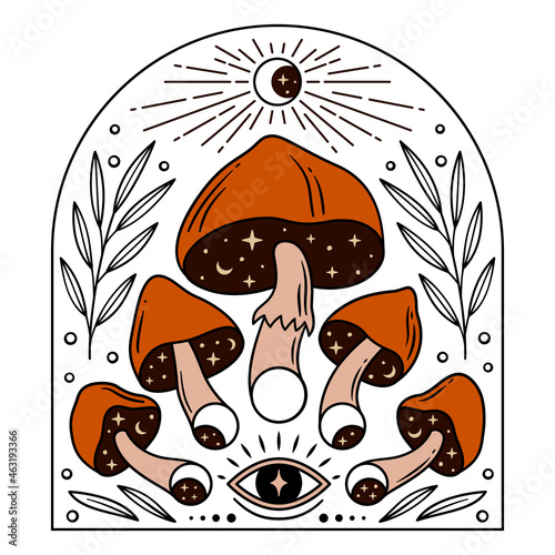 Magic mushrooms and moon phases for esoteric theme designs. Color vector illustration.