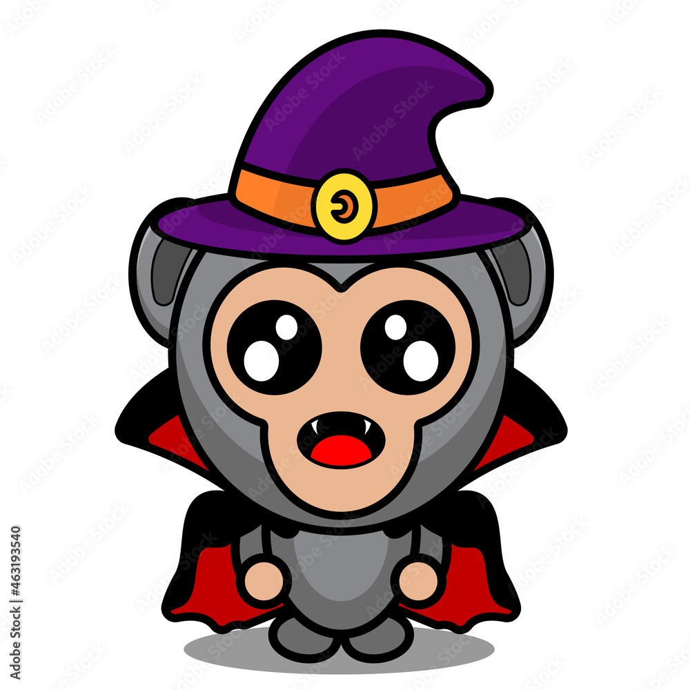 vector cartoon character cute horror witch gorilla animal mascot costume with dracula cloak