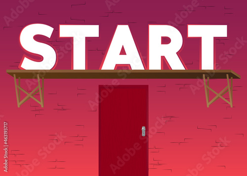 Start text with front door background. Bar, Cafe or drink establishment front with poster.