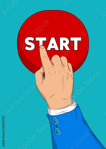 Businessman pushing Start button with his index finger. Comic book style concept.