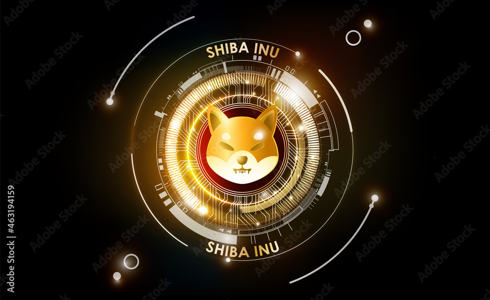 Shiba Inu SHIB cryptocurrency token, futuristic digital money background, Shiba Inu coin of DeFi project in circle with PCB tracks technology, vector illustration - obrazy, fototapety, plakaty 