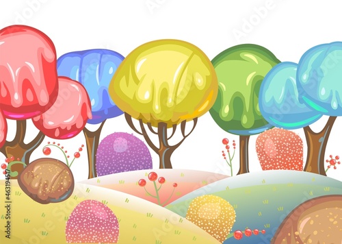 Candy background. Cartoon sweet land. Beads of jelly, ice cream and caramel. Chocolate. Cute childrens fairy landscape. Isolated fantastic illustration. Vector