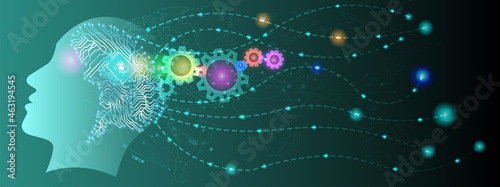 Abstract human head with a line brain network.circle and electricity with blue electronic cycle.Digital data,ai,ascience.Vector Technology background and Artificial intelligence concept.