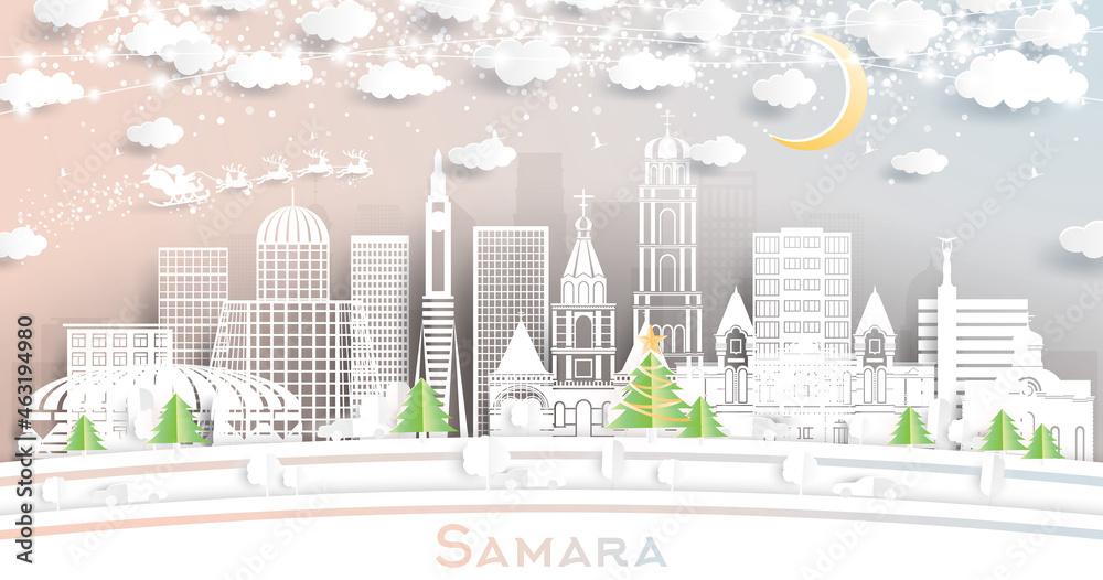 Samara Russia City Skyline in Paper Cut Style with Snowflakes, Moon and Neon Garland.