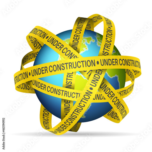 World globe under construction tape
