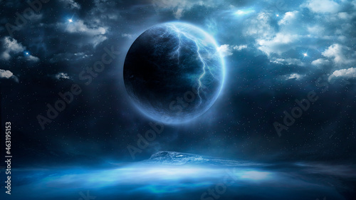 Abstract fantastic space of the universe. Space background with nebula and stars. Dark space background with an unknown planet  flashes of light in space. 3d illustration