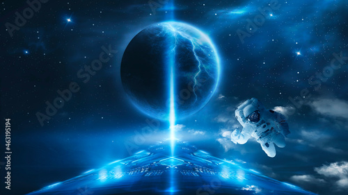 Sci-fi abstract background with flying astronaut. Spaceship. Abstract fantastic space of the Universe. Unknown planet. Elements of this image furnished by NASA. 3d illustration 