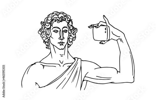 Narcissist with a smartphone, an ancient Greek young man taking a selfie, vector illustration with contour lines in black ink isolated on a white background in a hand drawn style photo