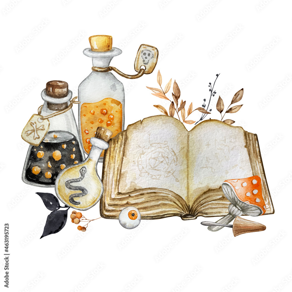 Halloween watercolor illustration. Magic book, potion, fly agaric and eye.. - obrazy, fototapety, plakaty 