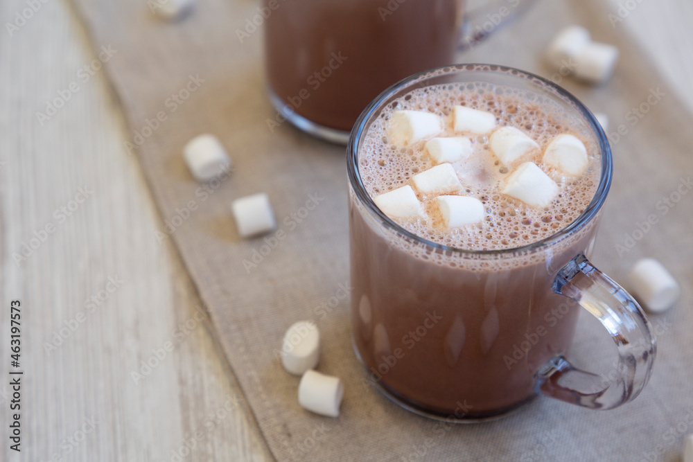 Homemade Hot Chocolate with Mini Marshmallows, low angle view. Copy space. Homemade Hot Chocolate with Mini Marshmallows, low angle view. Copy space.