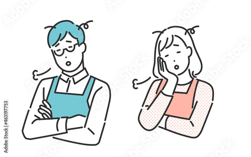 疲れた表情をしてため息をつく共働きの夫婦のイメージイラスト素材