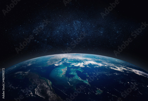  View of the Earth  star and galaxy. Sunrise over planet Earth  view from space. Concept on the theme of ecology  environment  Earth Day. Elements of this image furnished by NASA.