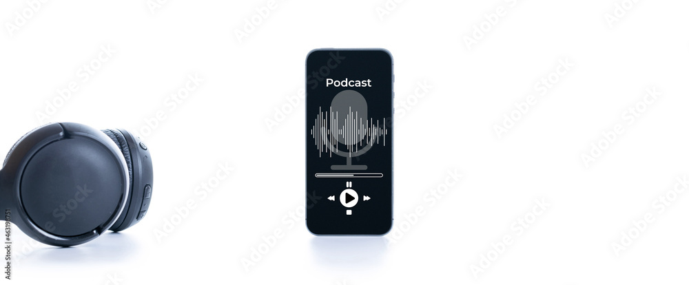 Podcast music. Mobile smartphone screen with podcast application, sound headphones. Audio voice with radio microphone on white background. Broadcast media music banner with copy space.