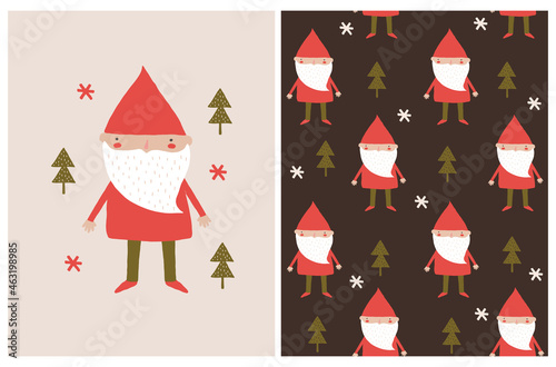 Cute Nursery Vector Illustration with Funny Dwarfs in the Forest. Little Gnomes in Red Clothes Standing Among Green Trees Isoleted on a Light Dusty Pink and Brown Background. Lovely Fairy-tale Print.