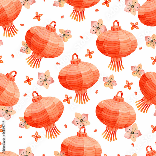 Coral Chinese paper lantern watercolor seamless pattern  wallpaper