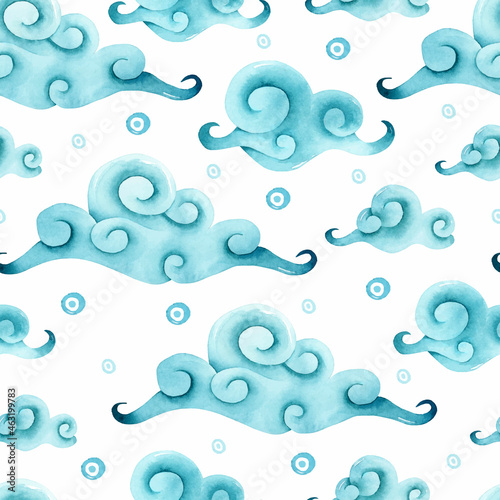 Asian clouds watercolor seamless pattern 