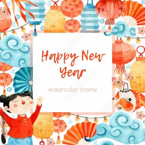 Happy  New Year Asian frame watercolor background