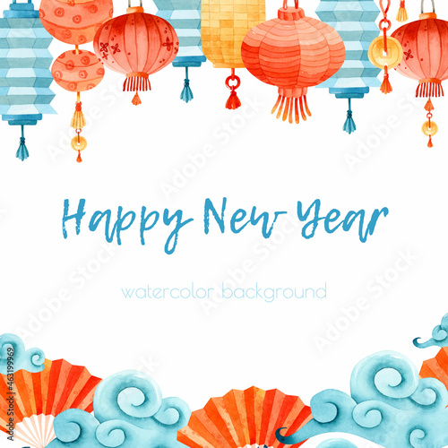 Chinese celebration lanterns watercolor frame	 