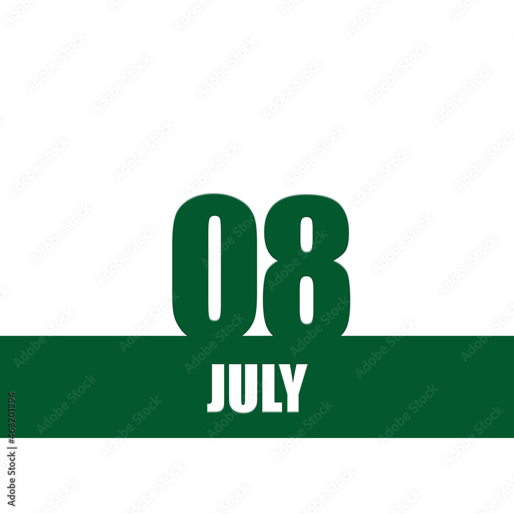 july 8. 8th day of month, calendar date.Green numbers and stripe with white text on isolated background. Concept of day of year, time planner, summer month