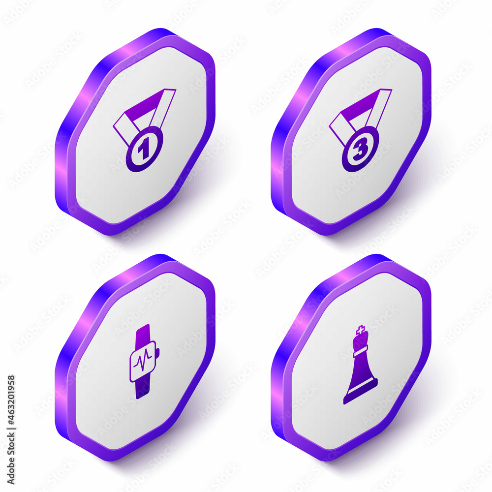 Set Isometric Medal, Smart watch with heart and Chess icon. Purple hexagon button. Vector Set Isometric Medal, Smart watch with heart and Chess icon. Purple hexagon button. Vector