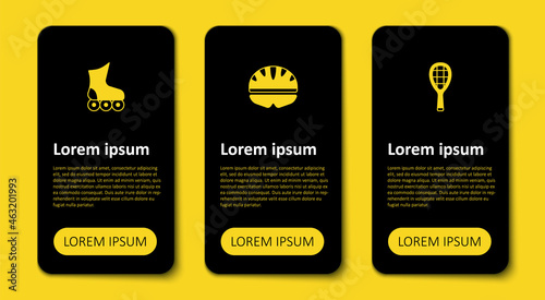 Set Tennis racket, Bicycle helmet and Roller skate. Business infographic template. Vector