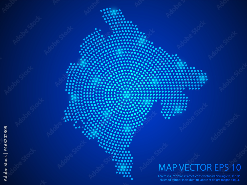 Abstract image Montenegro map from point blue and glowing stars on Blue background.Vector illustration eps 10.