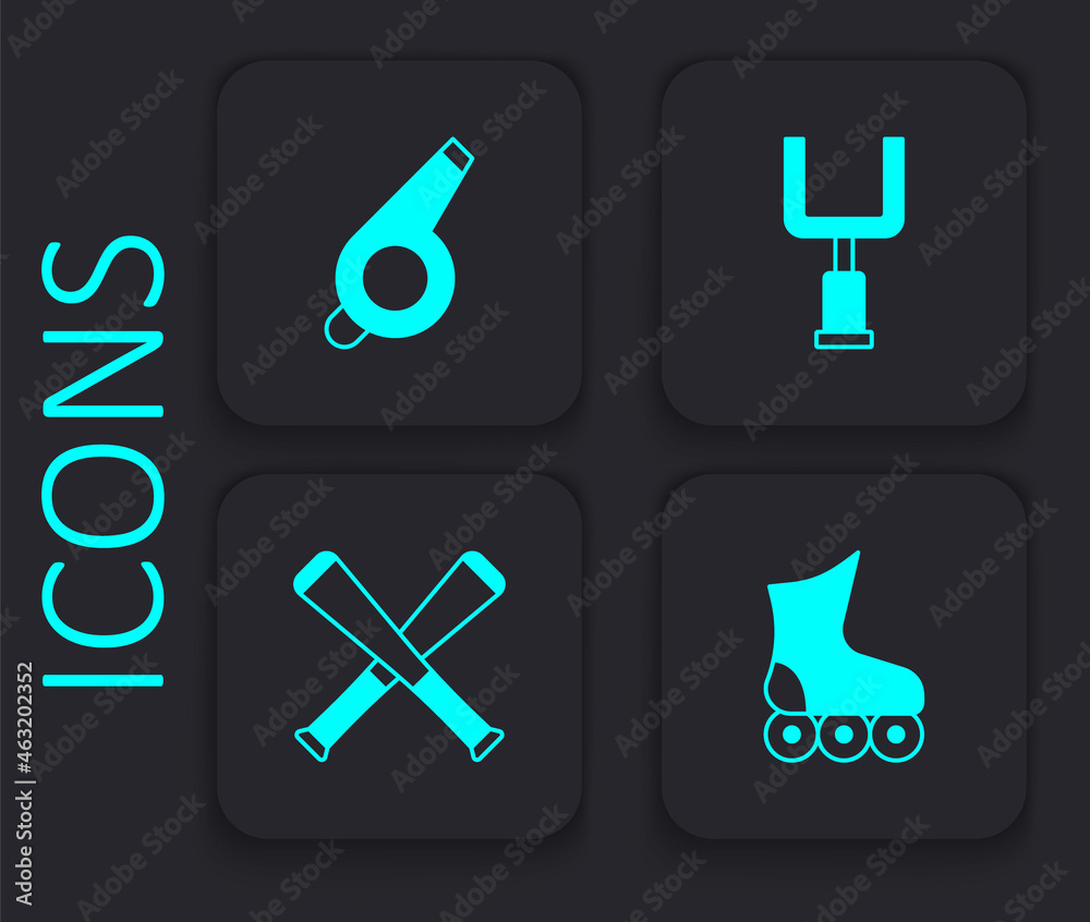 Set Roller skate, Whistle, American football goal post and Crossed baseball bat icon. Black square button. Vector Set Roller skate, Whistle, American football goal post and Crossed baseball bat icon. Black square button. Vector