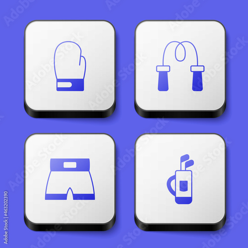 Set Boxing glove, Jump rope, short and Golf bag with clubs icon. White square button. Vector