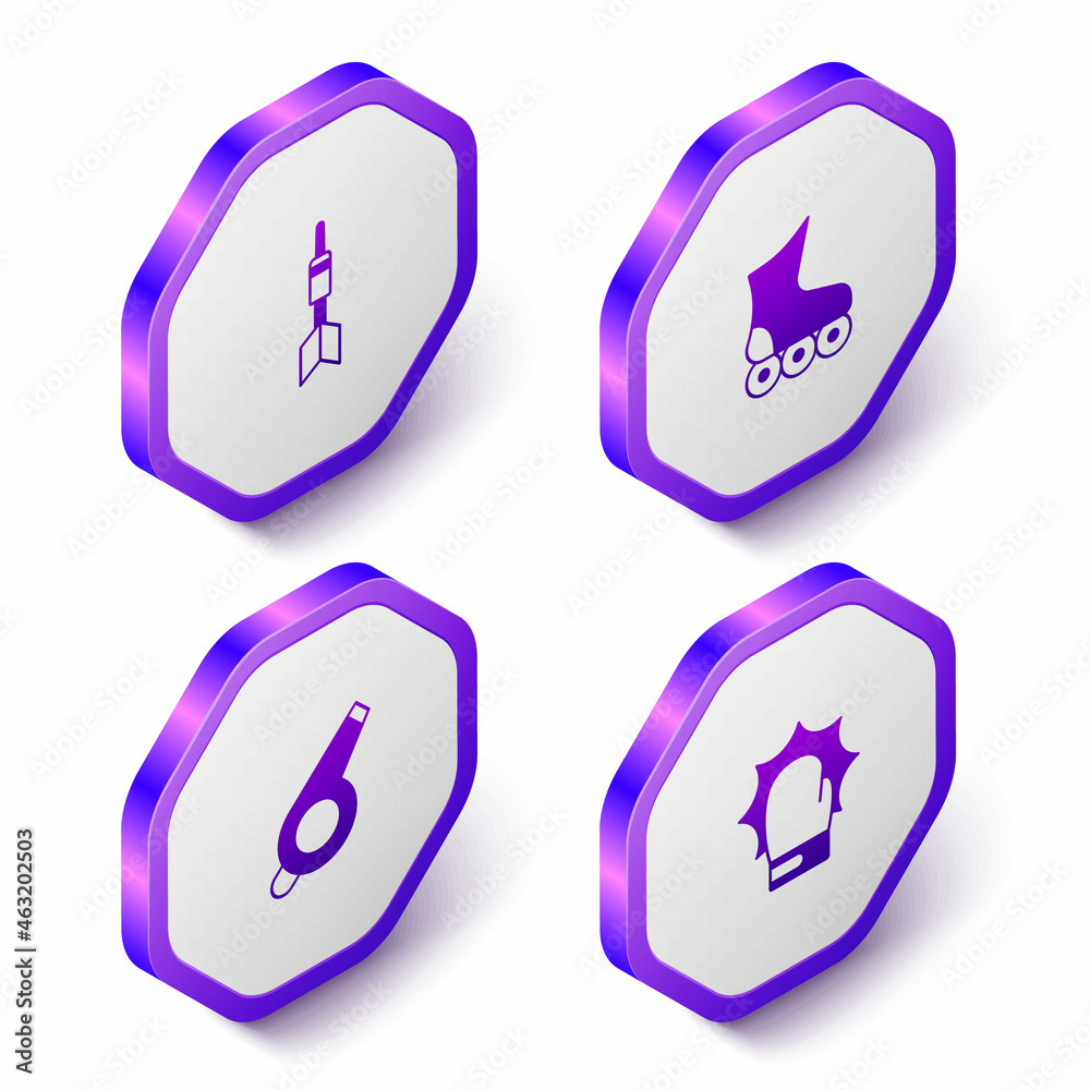 Set Isometric Dart arrow, Roller skate, Whistle and Punch in boxing gloves icon. Purple hexagon button. Vector Set Isometric Dart arrow, Roller skate, Whistle and Punch in boxing gloves icon. Purple hexagon button. Vector