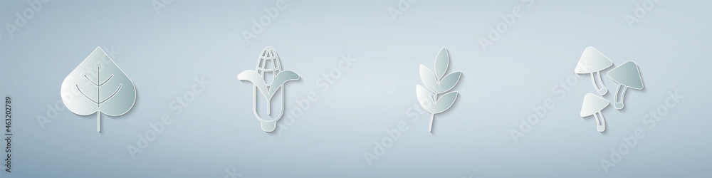 Set Leaf, Corn, and Mushroom. Paper art style. Vector Set Leaf, Corn, and Mushroom. Paper art style. Vector